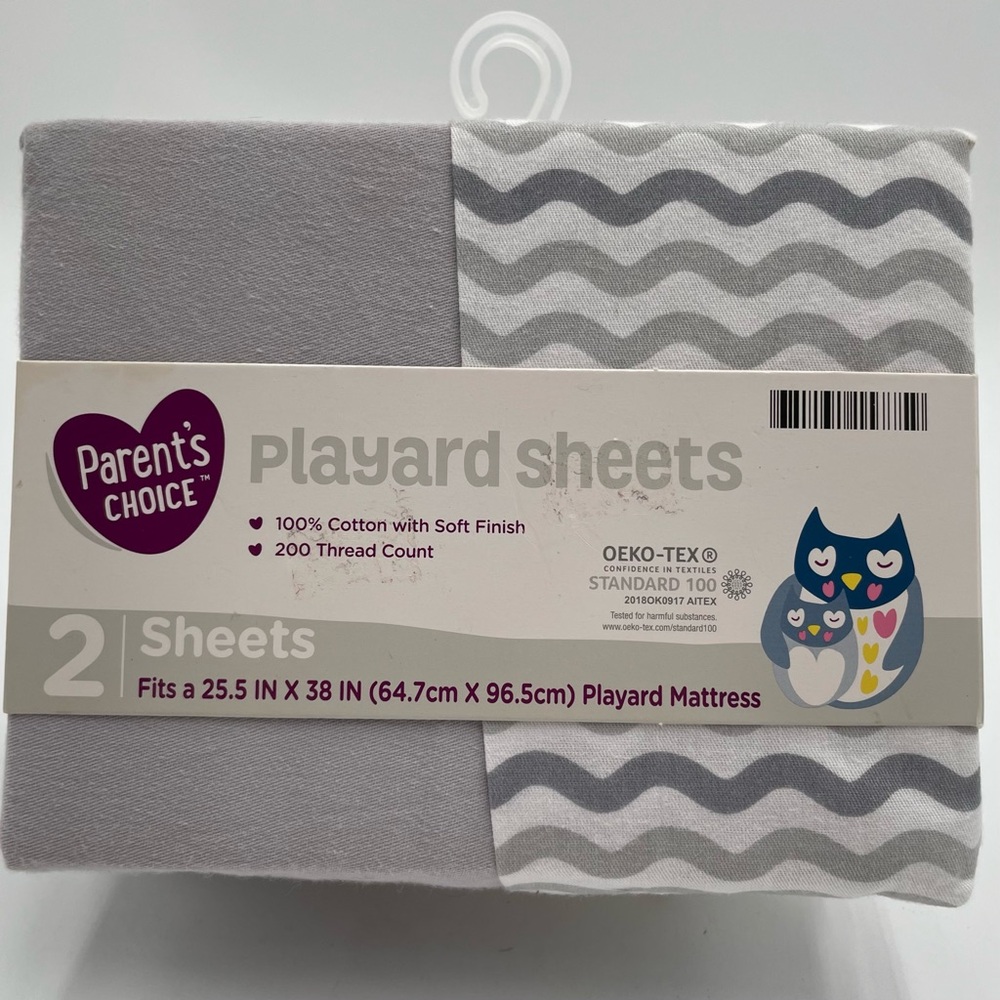 Parents Choice Playard Sheets Grey White Cotton Unisex Colors 2 Sheet Set
